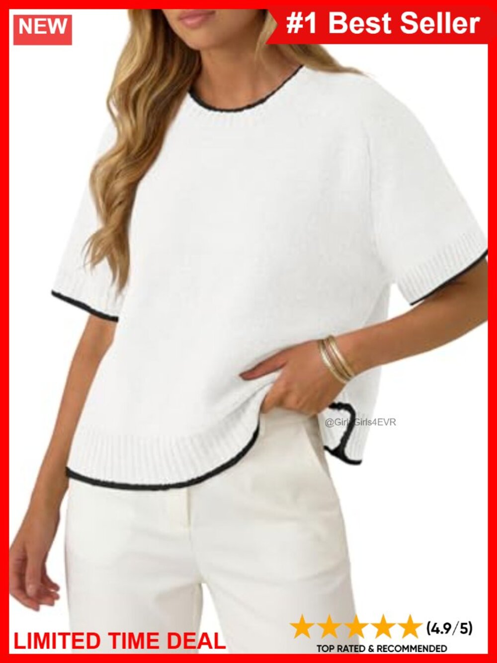 Womens Short Sleeve Sweater Crew Neck Acrylic Cotton Loose Fit Summer Knit Top